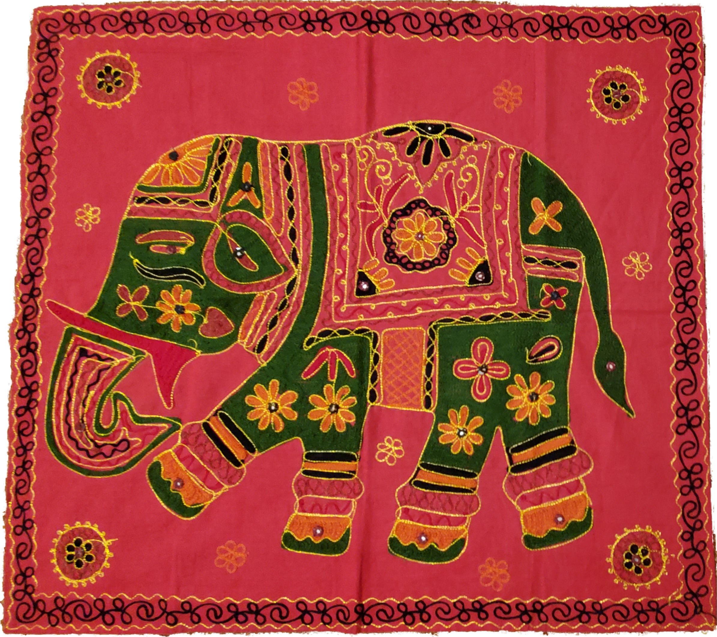 Unique Aari Work Design Embroidered Red Cotton Fabric Square Elephant