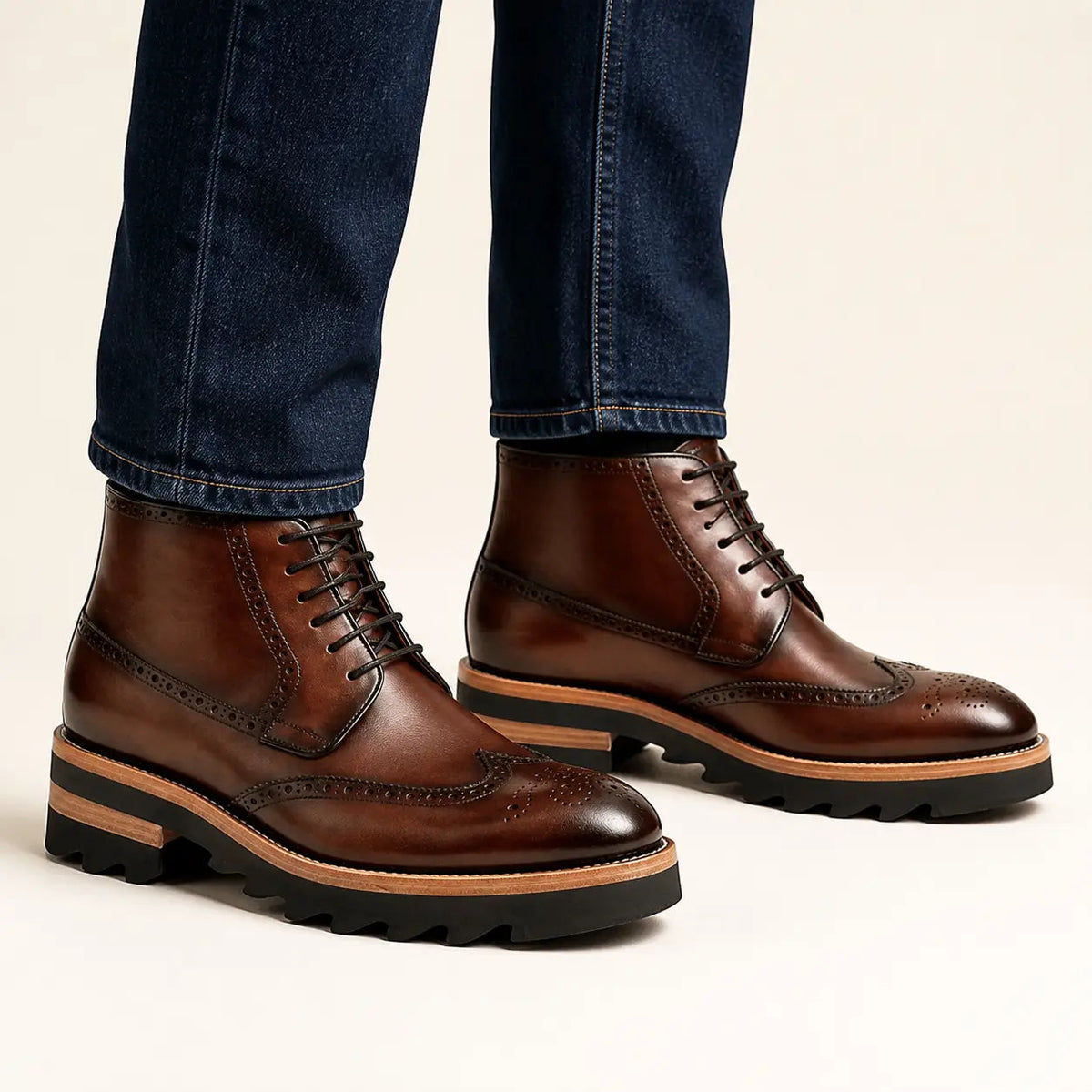 Brown Wingtip Ankle Boots with Side Zipper and Ridged Sole