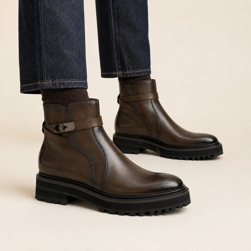 Brown Lug Sole Buckle Strap Ankle Boot