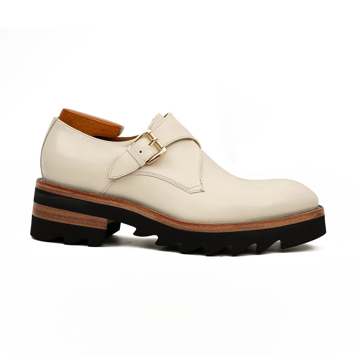 Ivory-White Single Monk Shoes with Gold-Tone Buckle