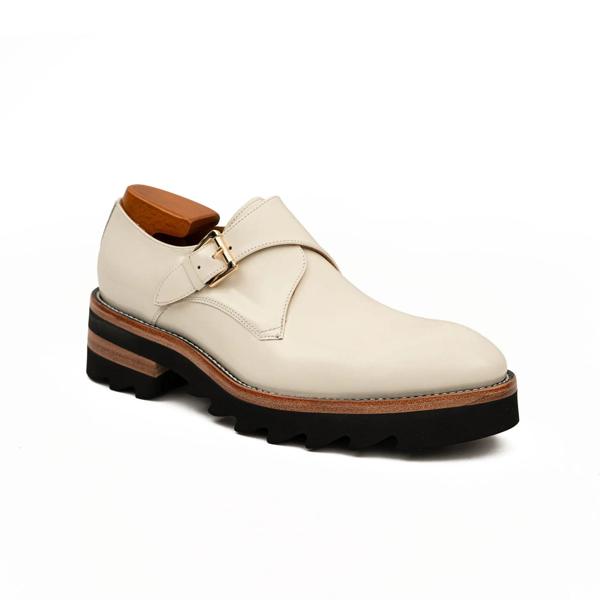 Ivory-White Single Monk Shoes with Gold-Tone Buckle