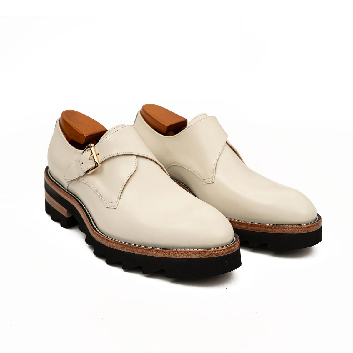 Ivory-White Single Monk Shoes with Gold-Tone Buckle