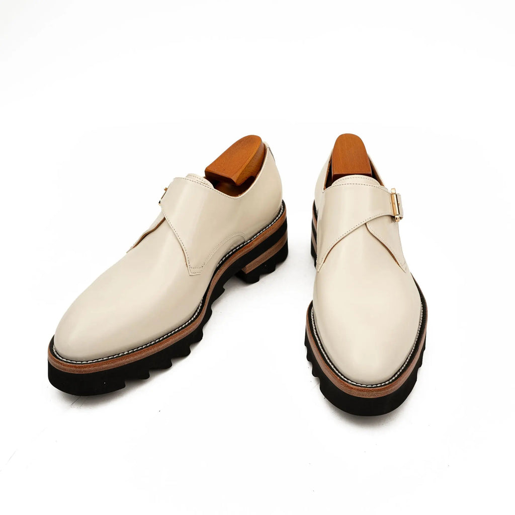 Ivory-White Single Monk Shoes with Gold-Tone Buckle