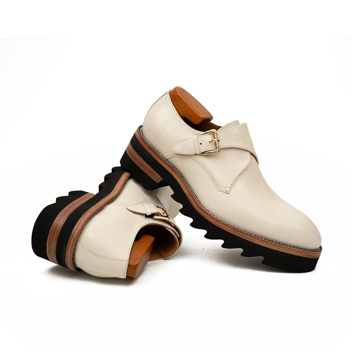 Ivory-White Single Monk Shoes with Gold-Tone Buckle