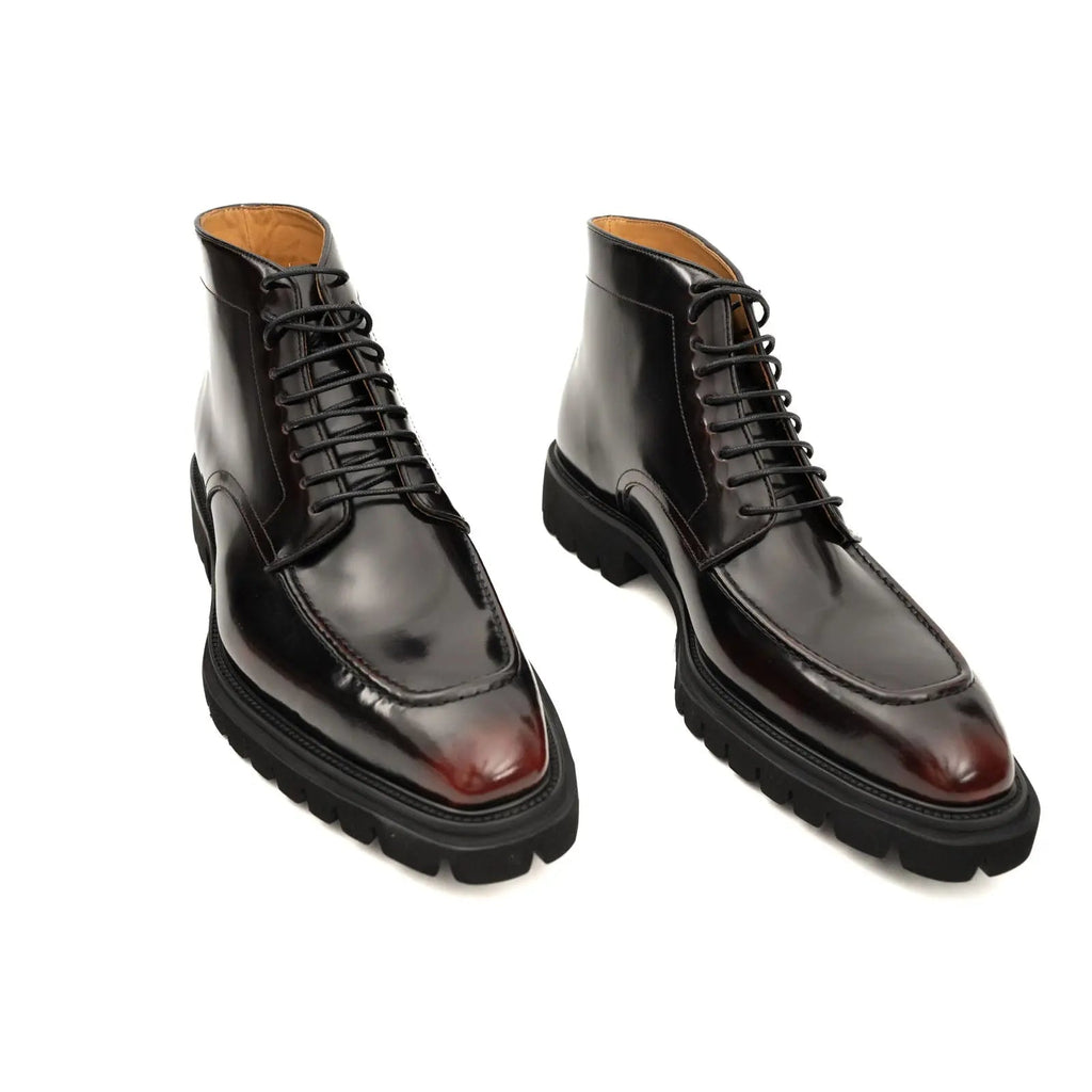 Dark Burgundy Lug Sole Apron-Toe Lace-Up Ankle Boot