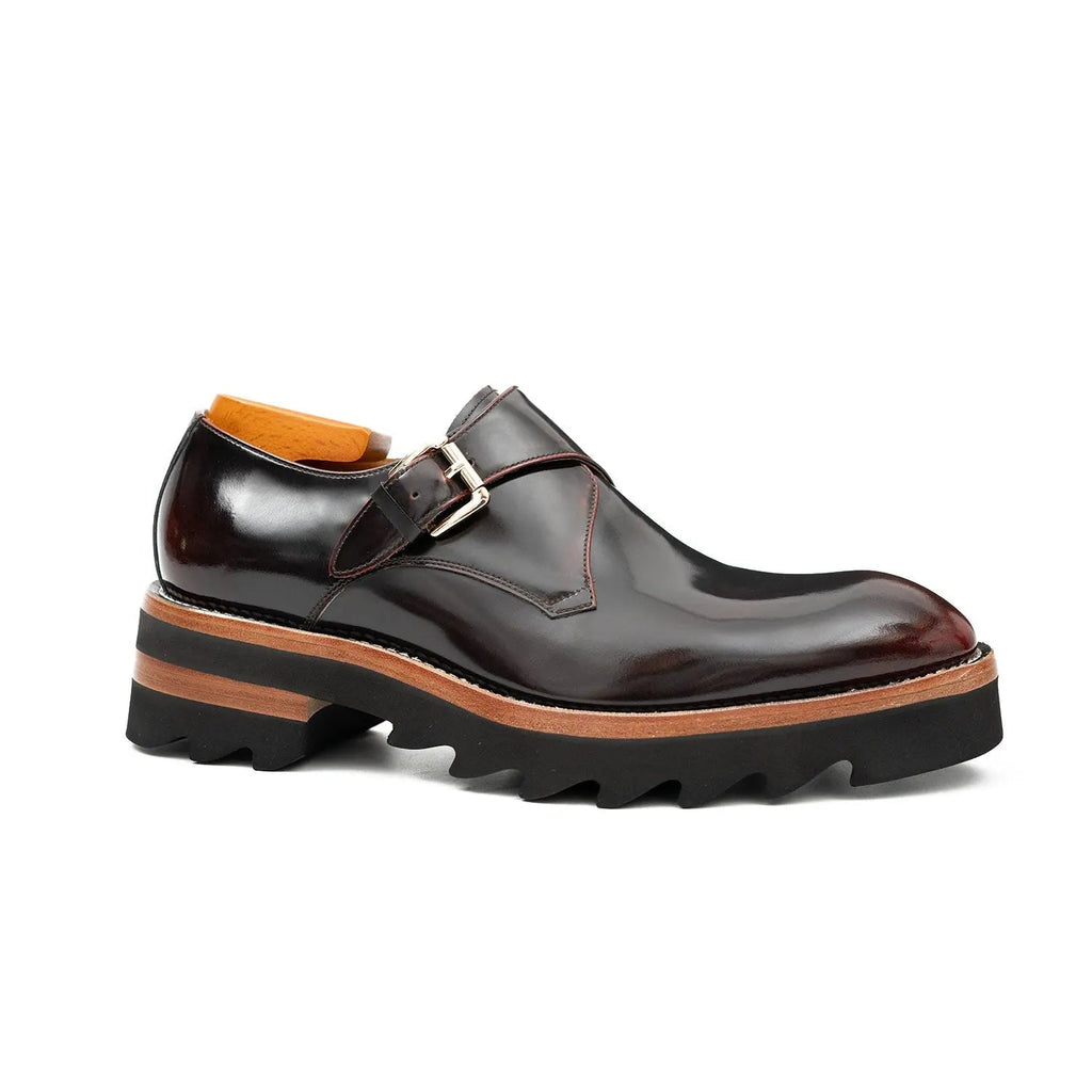 Dark Burgundy Single Monk Strap Shoes with Brown-Band Lug Sole