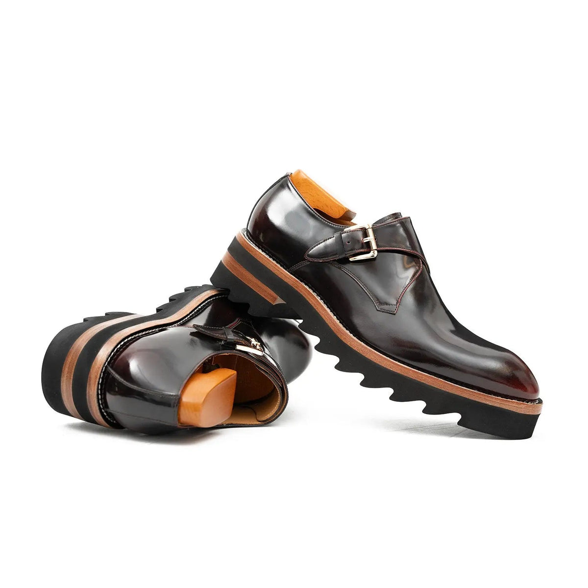 Dark Burgundy Single Monk Strap Shoes with Brown-Band Lug Sole