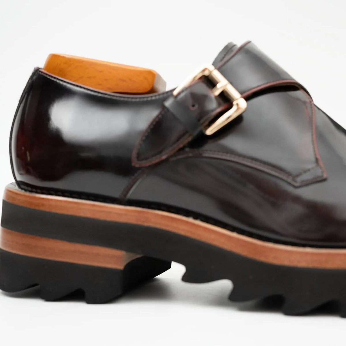 Dark Burgundy Single Monk Strap Shoes with Brown-Band Lug Sole