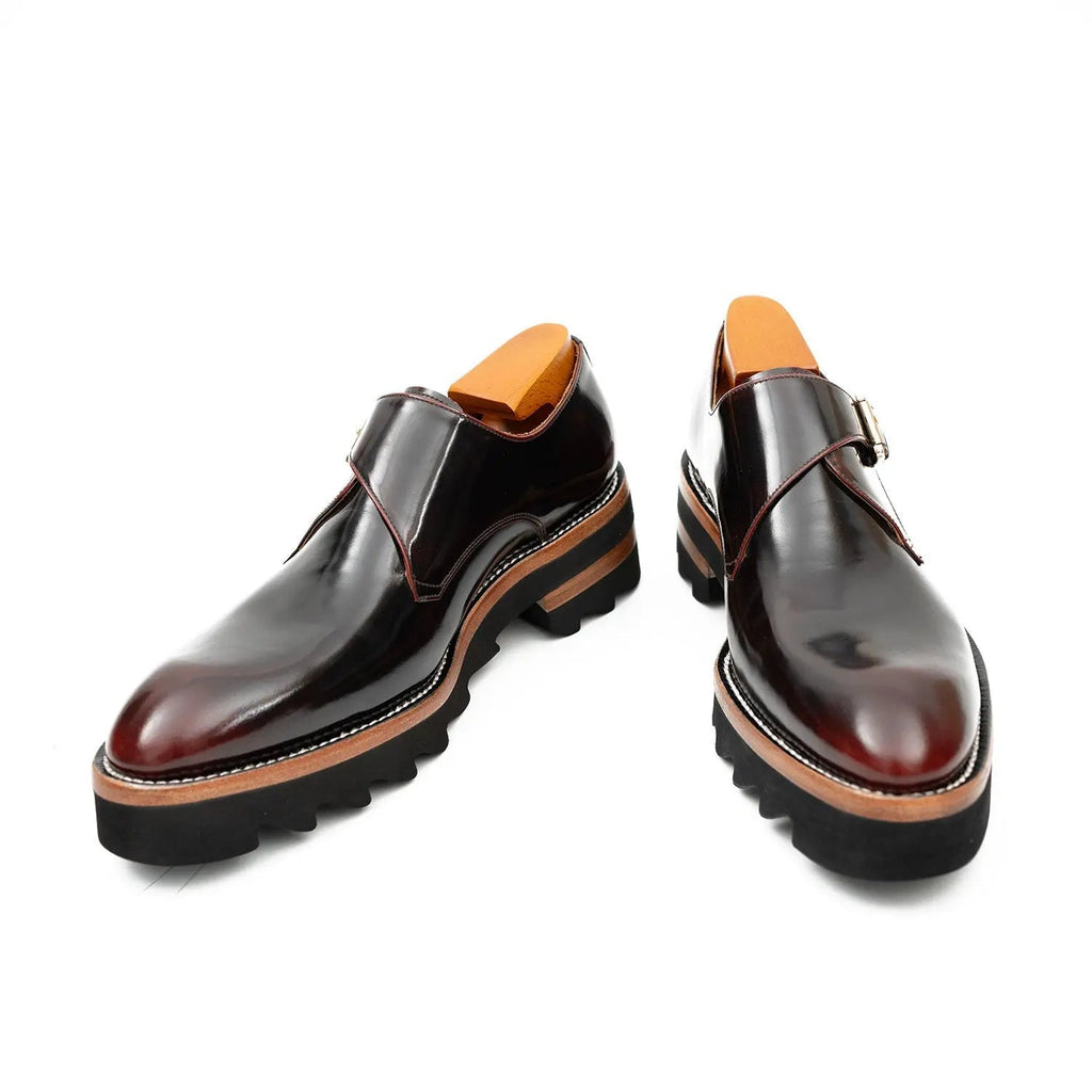 Dark Burgundy Single Monk Strap Shoes with Brown-Band Lug Sole