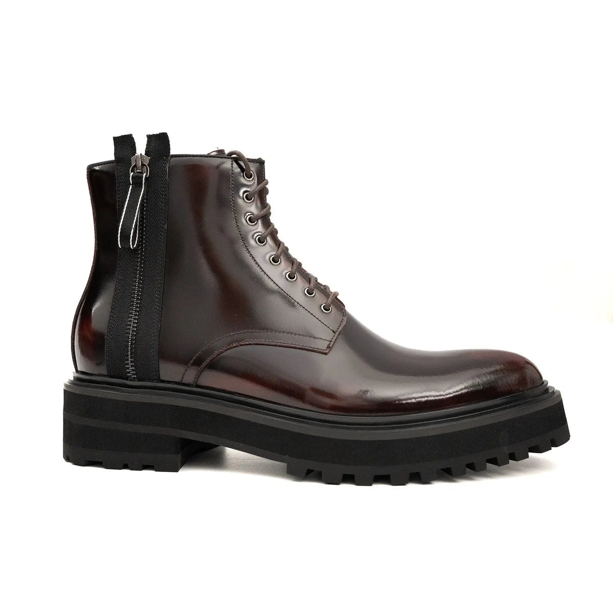 Dark Burgundy Glossy Lug Sole Lace-Up Ankle Boot