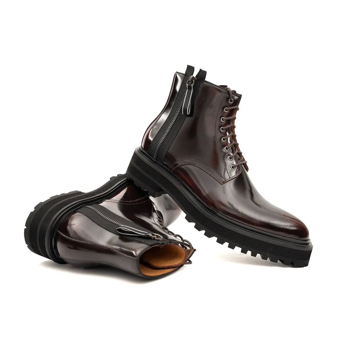 Dark Burgundy Glossy Lug Sole Lace-Up Ankle Boot