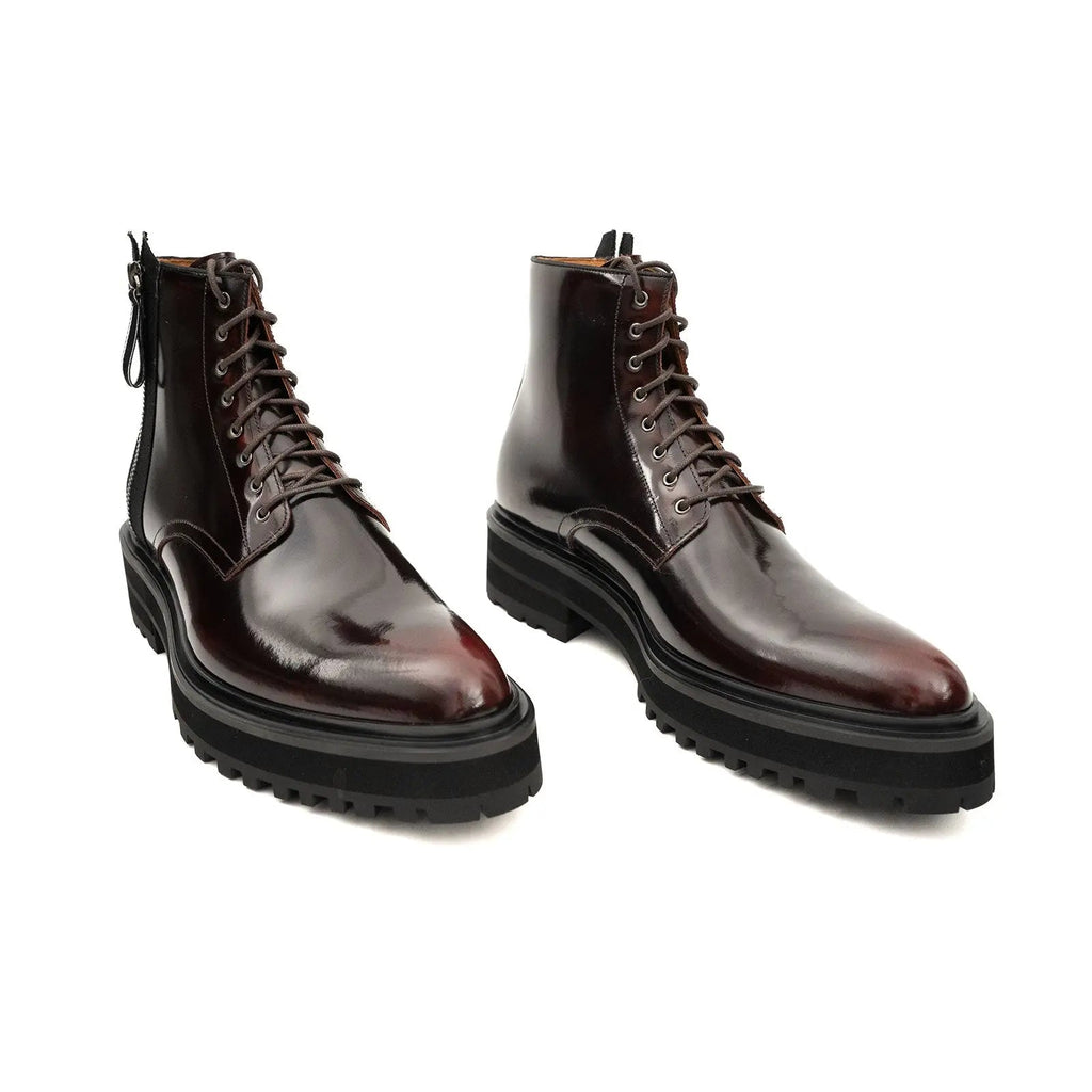 Dark Burgundy Glossy Lug Sole Lace-Up Ankle Boot