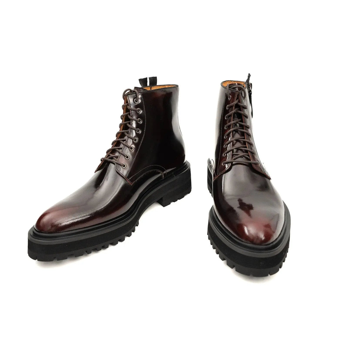 Dark Burgundy Glossy Lug Sole Lace-Up Ankle Boot