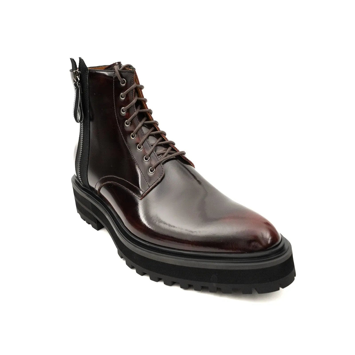 Dark Burgundy Glossy Lug Sole Lace-Up Ankle Boot
