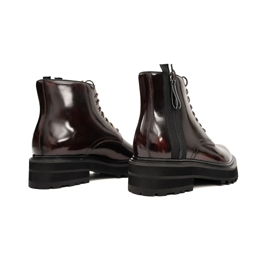 Dark Burgundy Glossy Lug Sole Lace-Up Ankle Boot