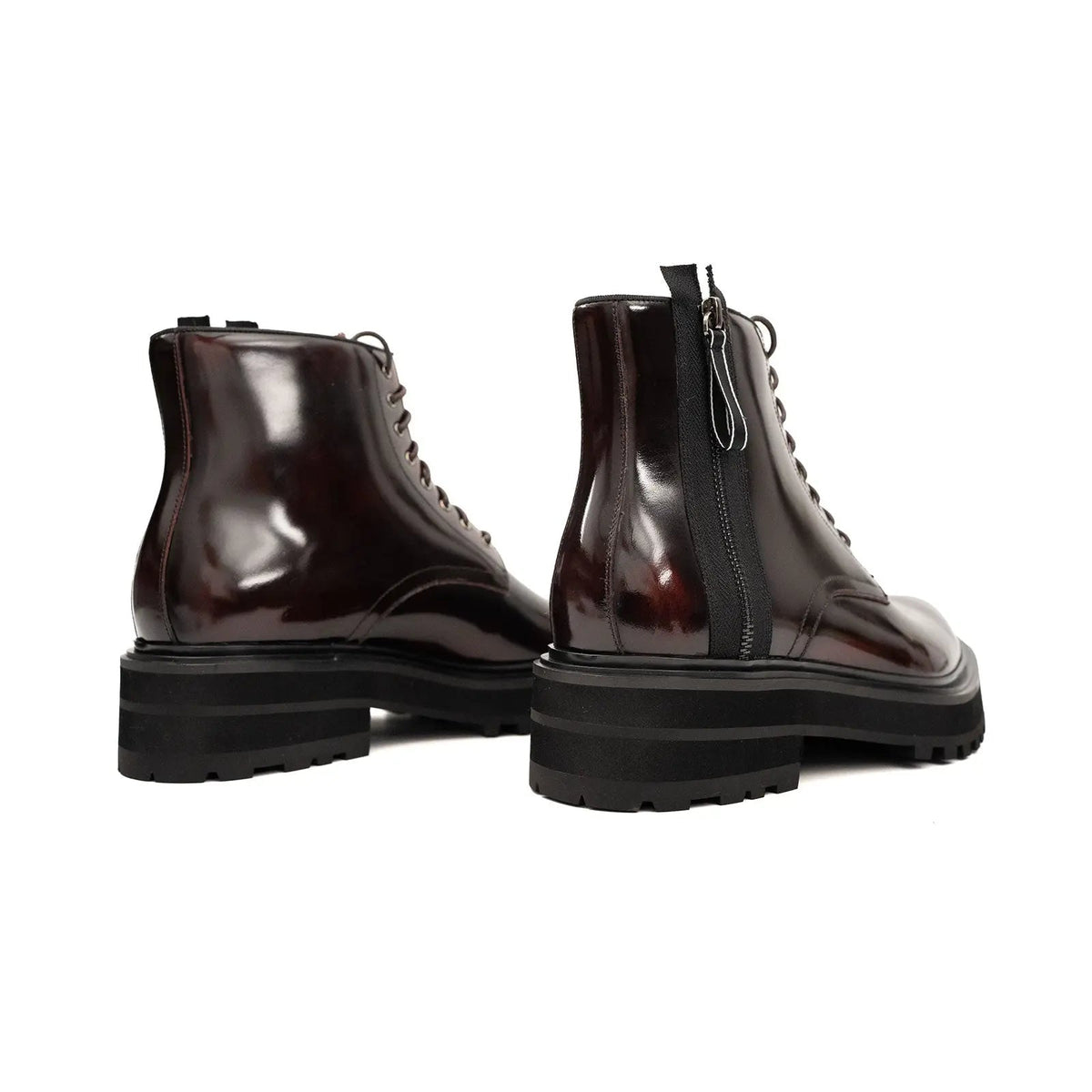 Dark Burgundy Glossy Lug Sole Lace-Up Ankle Boot