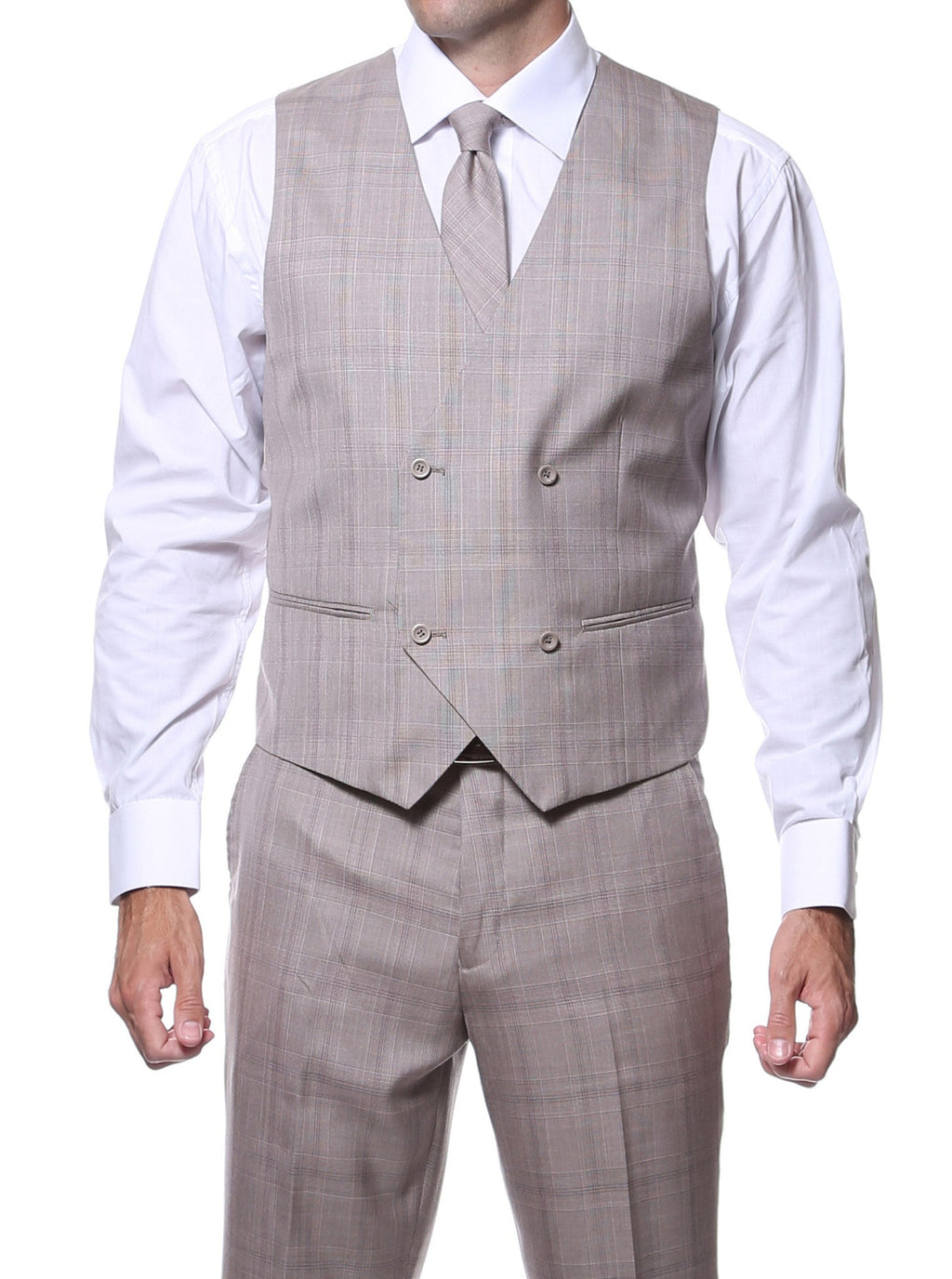 Zillo Sierra Tan 3pc Vested Slim Fit Plaid Suit