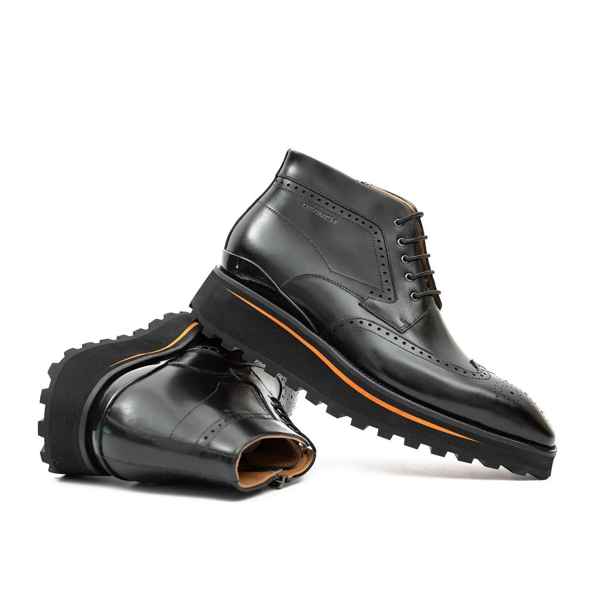 Black Wingtip Lace-Up Ankle Boots with Side Zipper