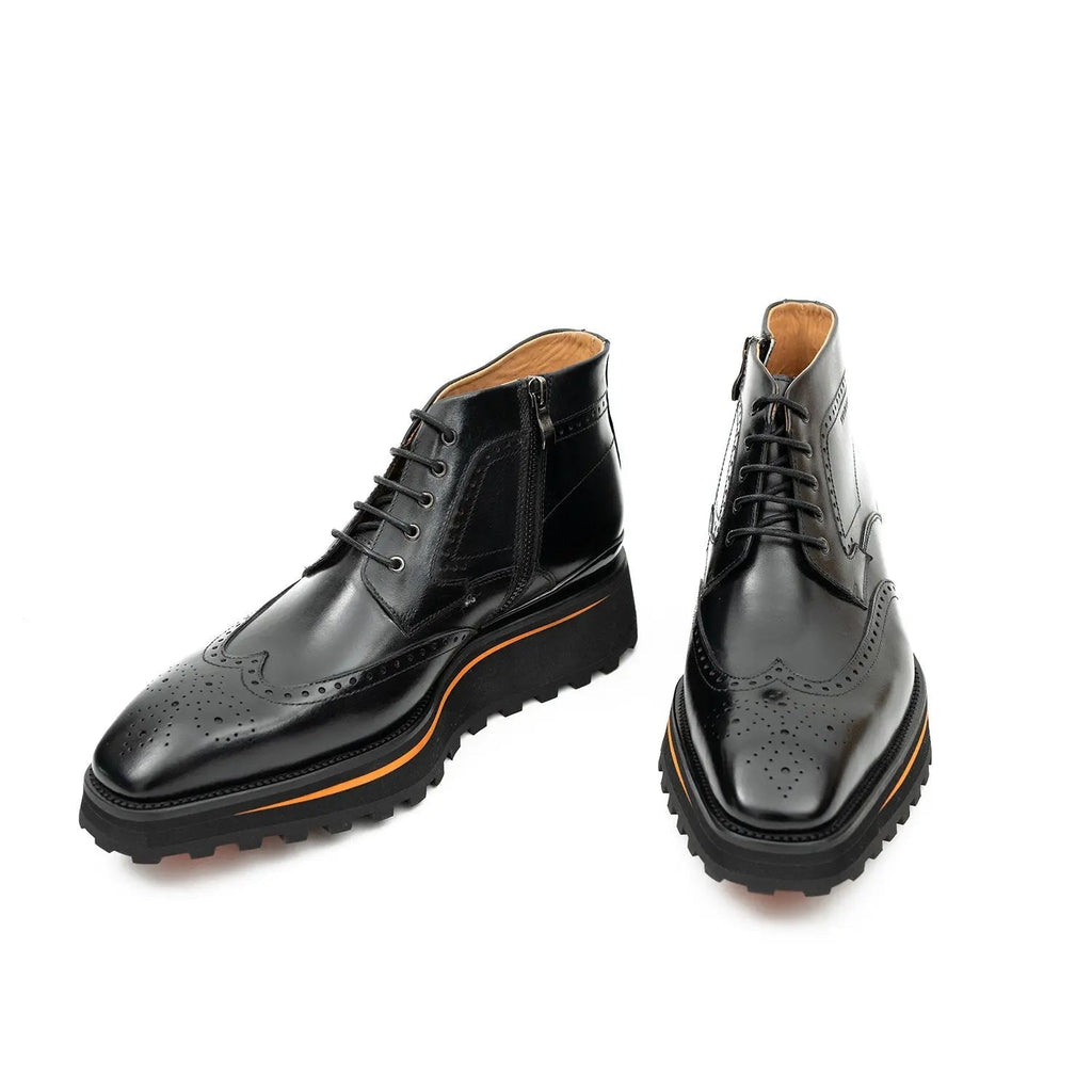 Black Wingtip Lace-Up Ankle Boots with Side Zipper