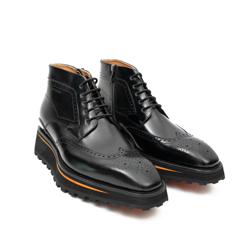 Black Wingtip Lace-Up Ankle Boots with Side Zipper