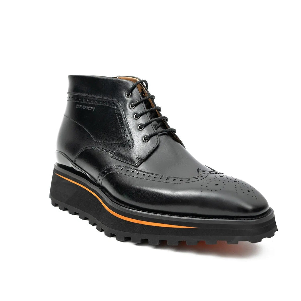 Black Wingtip Lace-Up Ankle Boots with Side Zipper