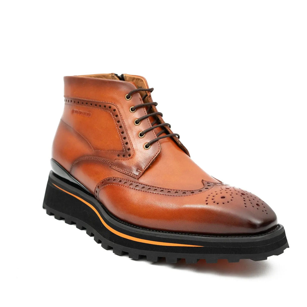 Orange-Brown Wingtip Lace-Up Ankle Boots with Metal Eyelets