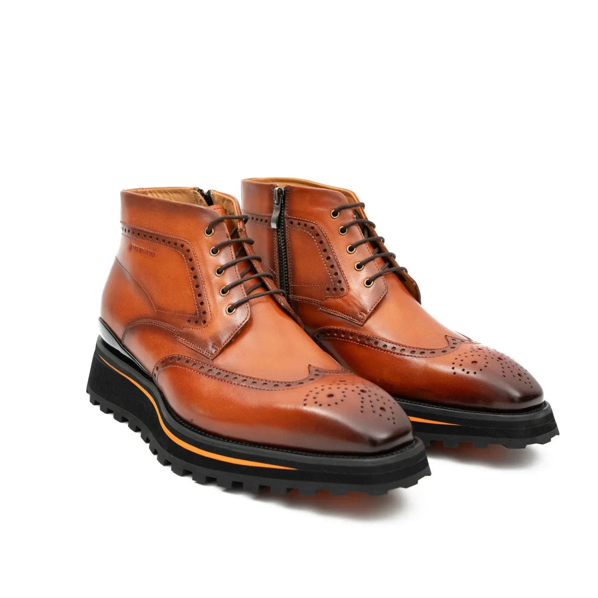 Orange-Brown Wingtip Lace-Up Ankle Boots with Metal Eyelets