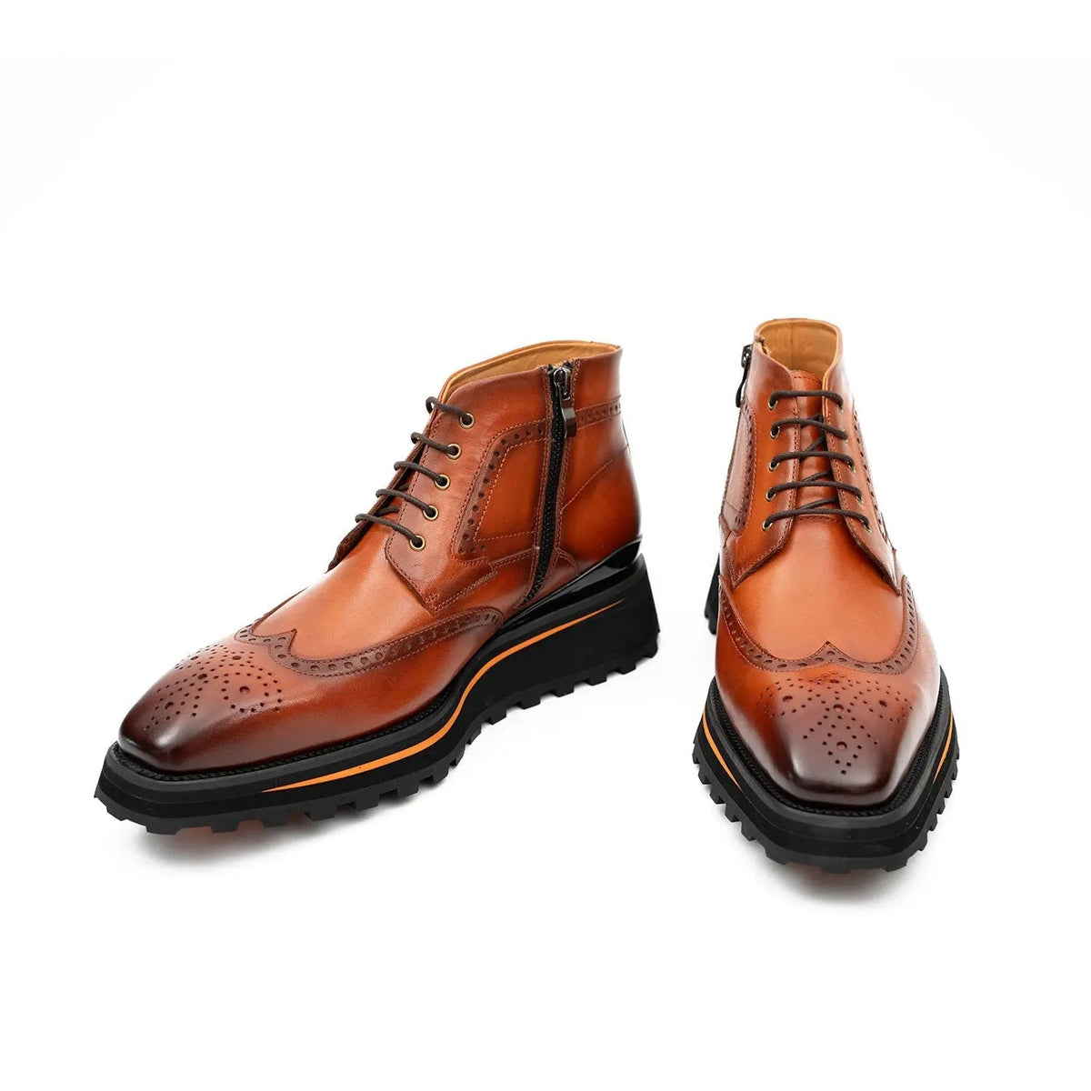 Orange-Brown Wingtip Lace-Up Ankle Boots with Metal Eyelets
