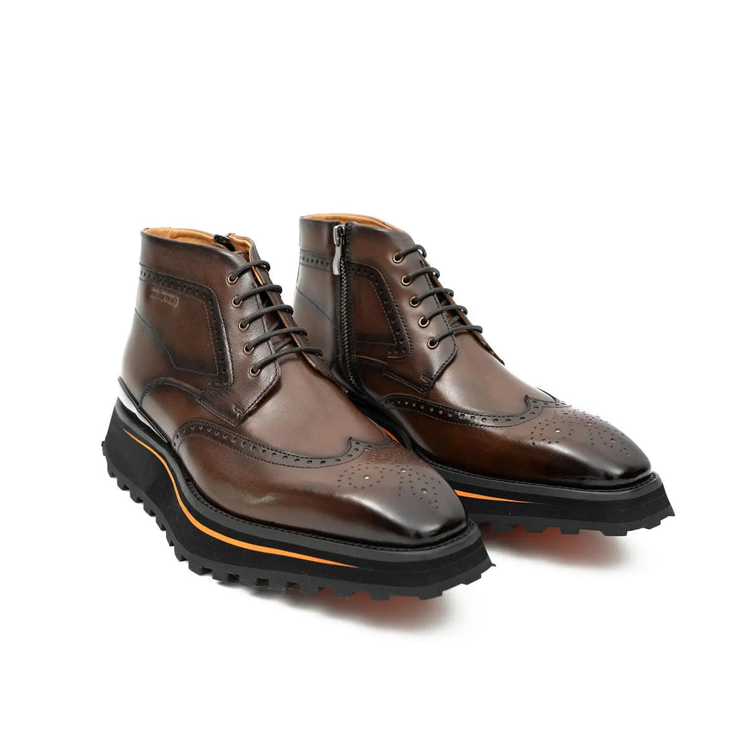 Brown Wingtip Lace-Up Ankle Boots with Side Zipper