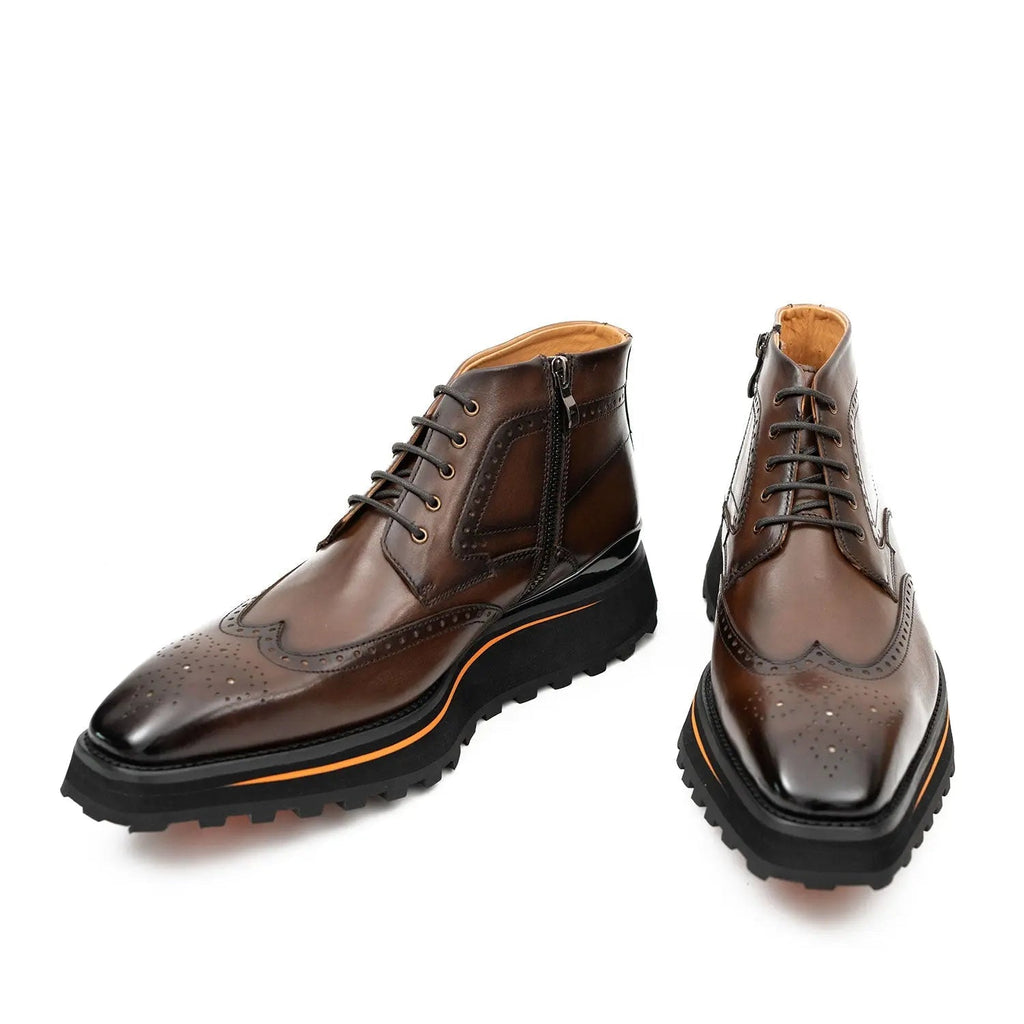 Brown Wingtip Lace-Up Ankle Boots with Side Zipper