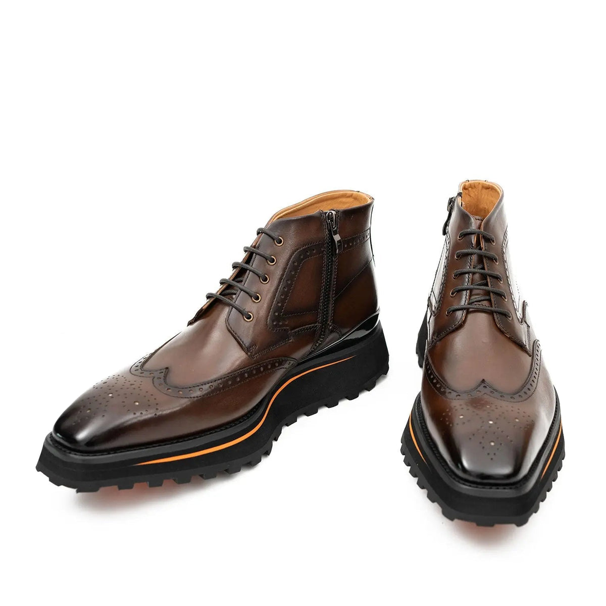 Brown Wingtip Lace-Up Ankle Boots with Side Zipper