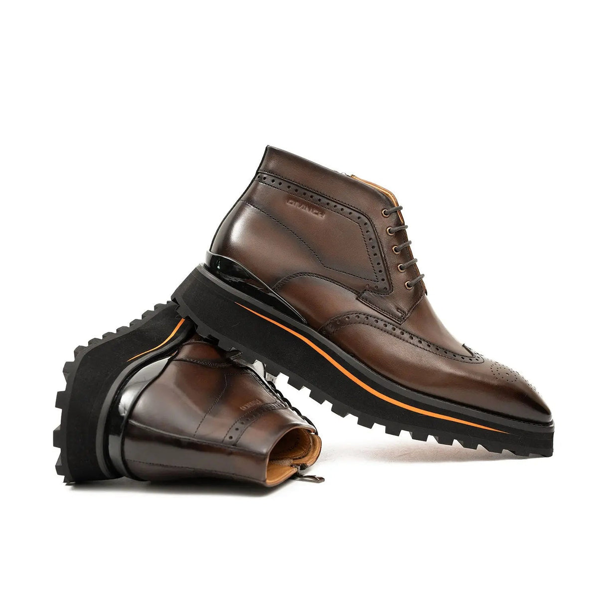 Brown Wingtip Lace-Up Ankle Boots with Side Zipper