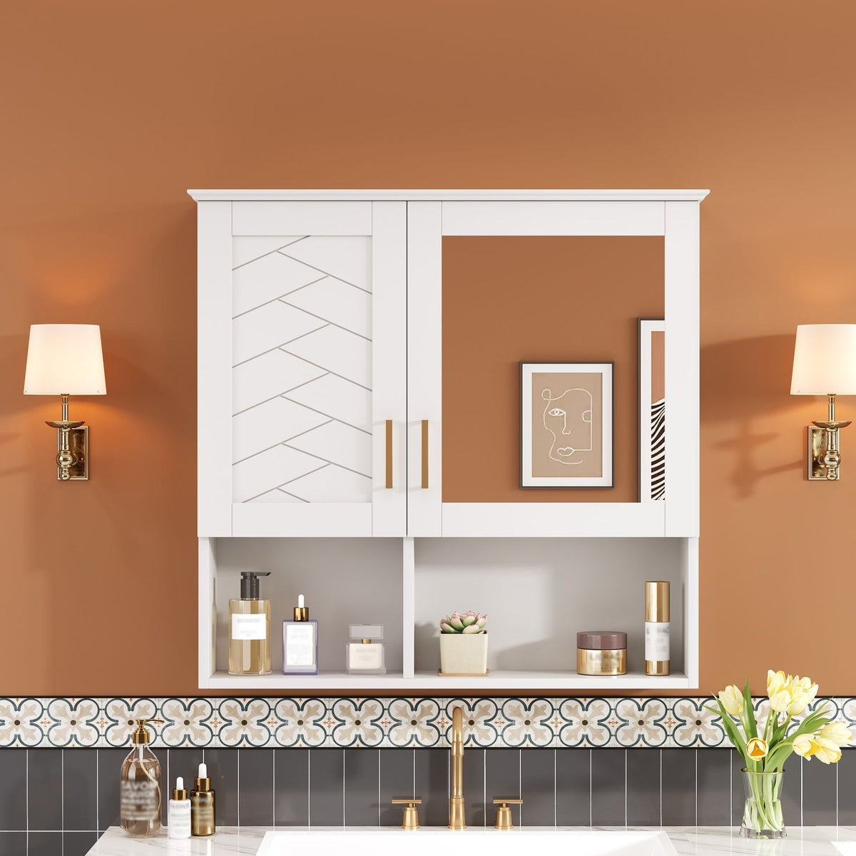 2 In 1 Wall-Mounted Mirror Cabinet With Adjustable Shelves
