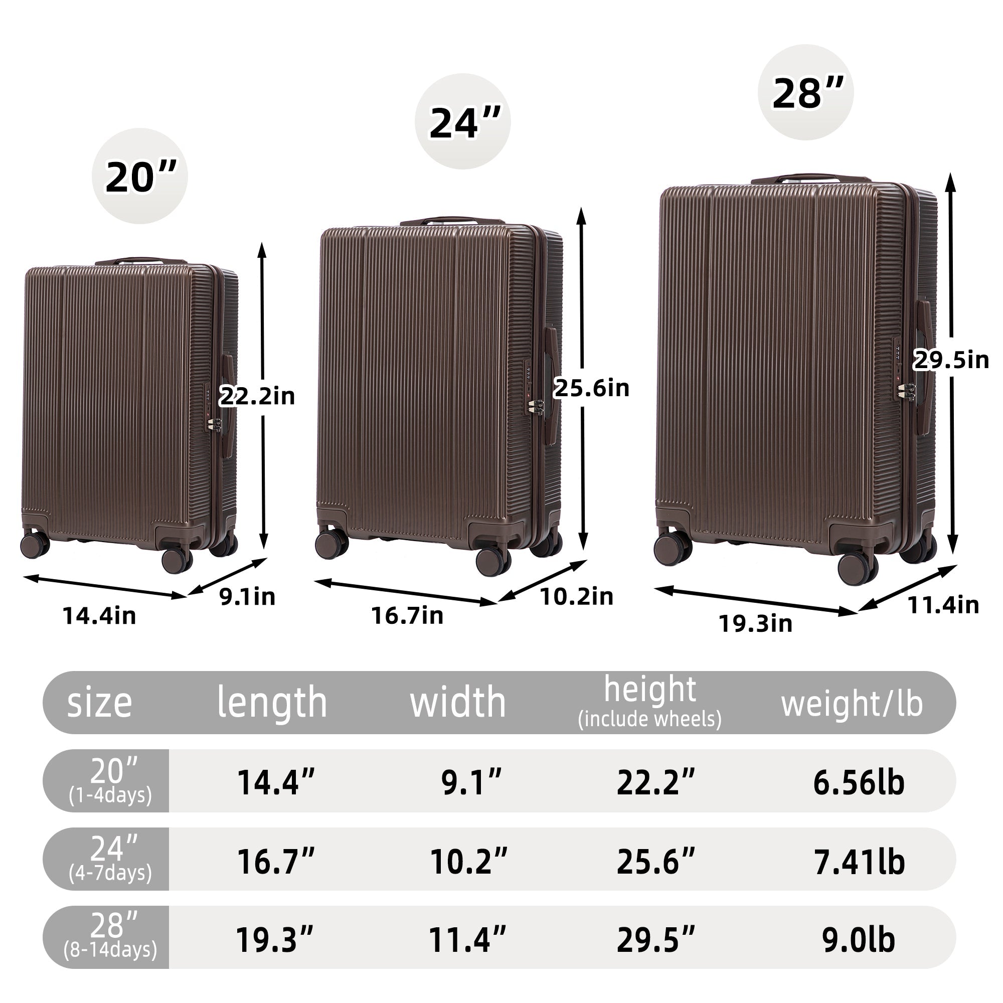 3 Piece ABS Spinner Wheel Luggage Set - Brown