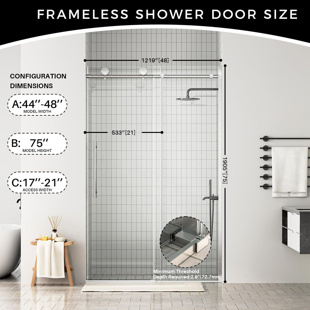 Frameless Shower Door, 44-48 in W x 75 in H