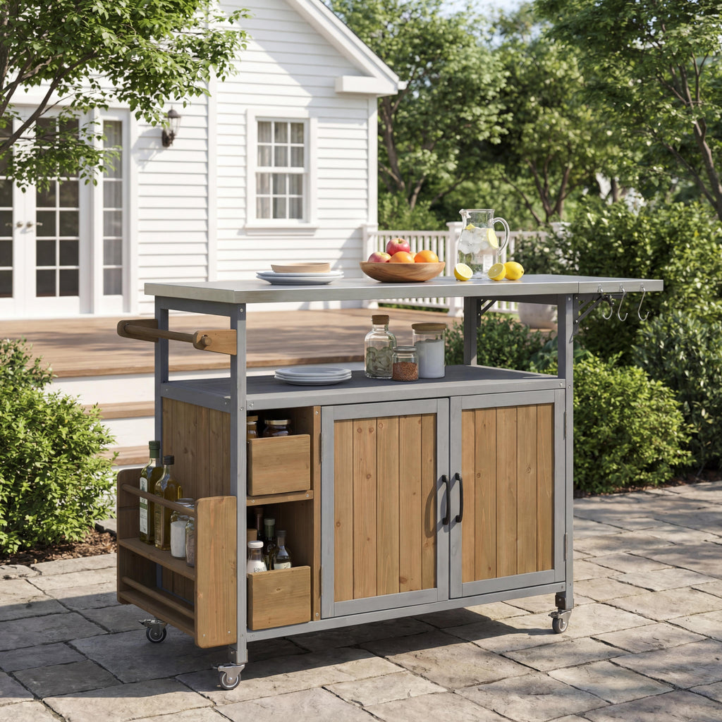 Farmhouse Rolling Outdoor Kitchen Cart with Stainless Steel Top - Blue Gray & Walnut