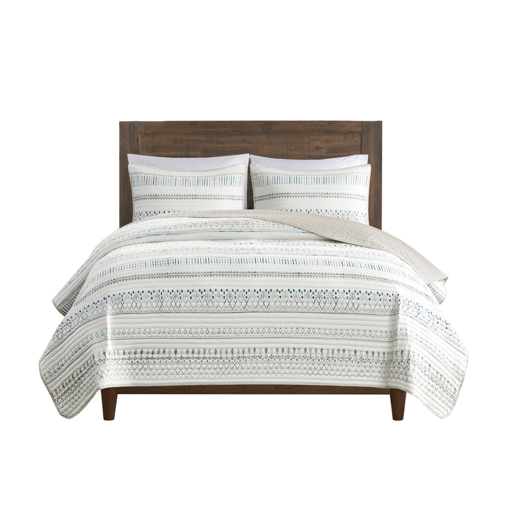 3 Piece Printed Microfiber Seersucker Quilt Set Taupe/Blue Full/Queen