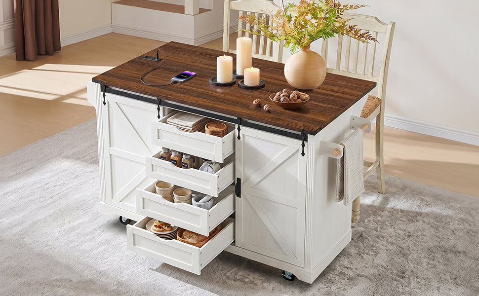72" Farmhouse Kitchen Island with Fridge Storage and Power Outlets - Imitation Wood Grain