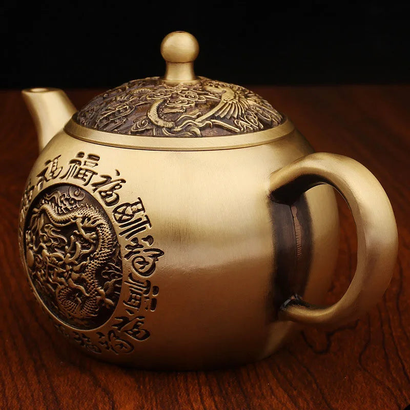 “Baifu” Dragon & Phoenix Brass Teapot – Chinese Gongfu Kettle & Ornament