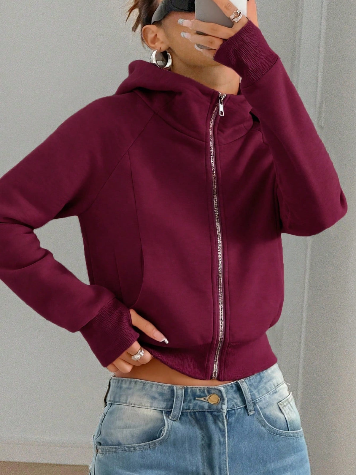 Solid-color Cropped Hooded Sweatshirt For Women