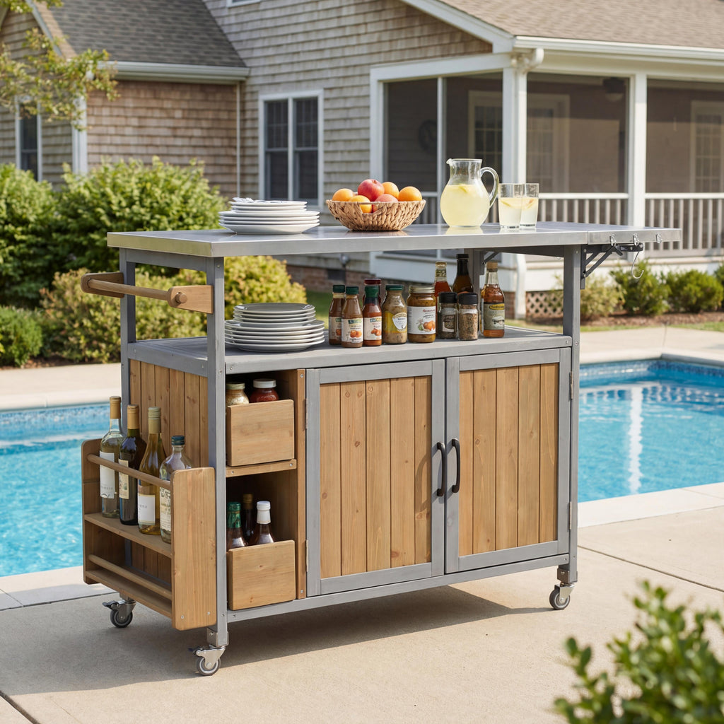 Farmhouse Rolling Outdoor Kitchen Cart with Stainless Steel Top - Blue Gray & Walnut