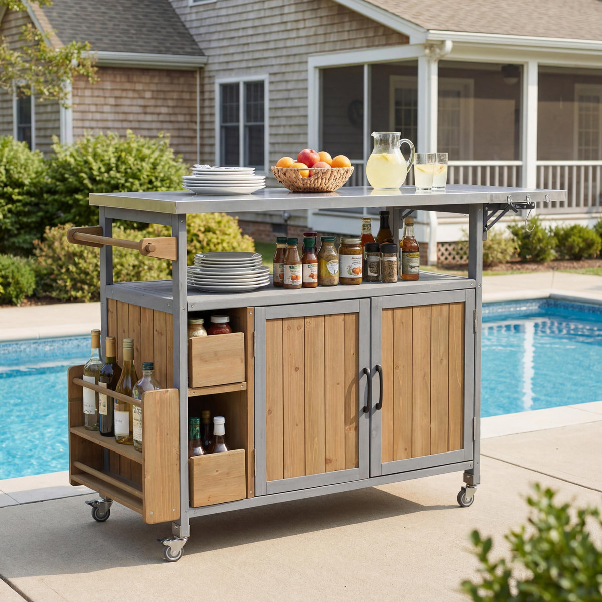 Farmhouse Rolling Outdoor Kitchen Cart with Stainless Steel Top - Blue Gray & Walnut