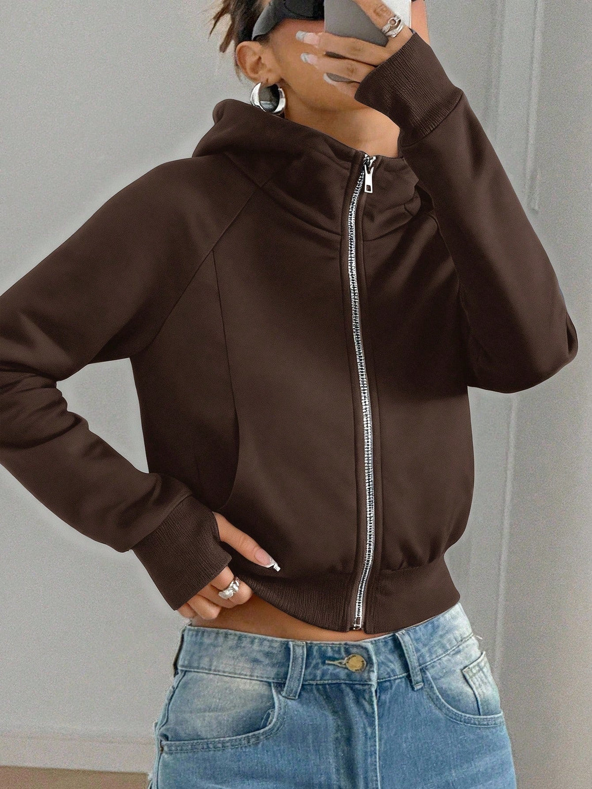 Solid-color Cropped Hooded Sweatshirt For Women