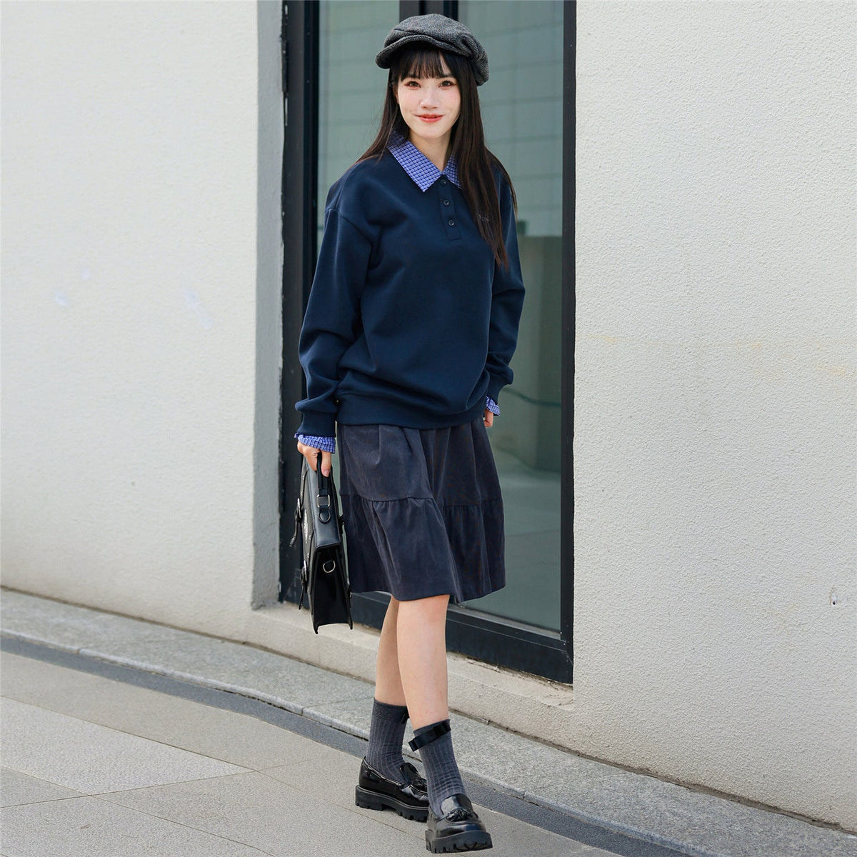Retro Parent-child Outfit Plaid Patchwork Shirt-collar Hoodie Faux Two-piece Pullover Top