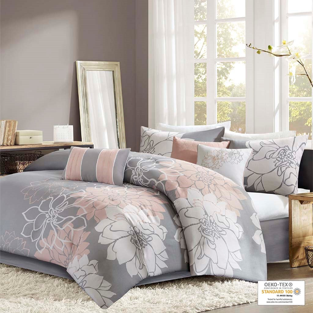 Printed Cotton Sateen Comforter Set - Grey/Peach King