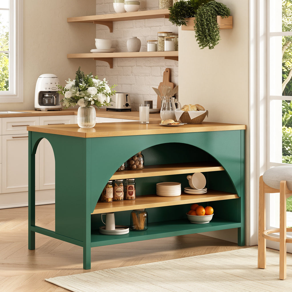 56" Farmhouse Kitchen Island with Open Storage – Green/Natural or White+Natural