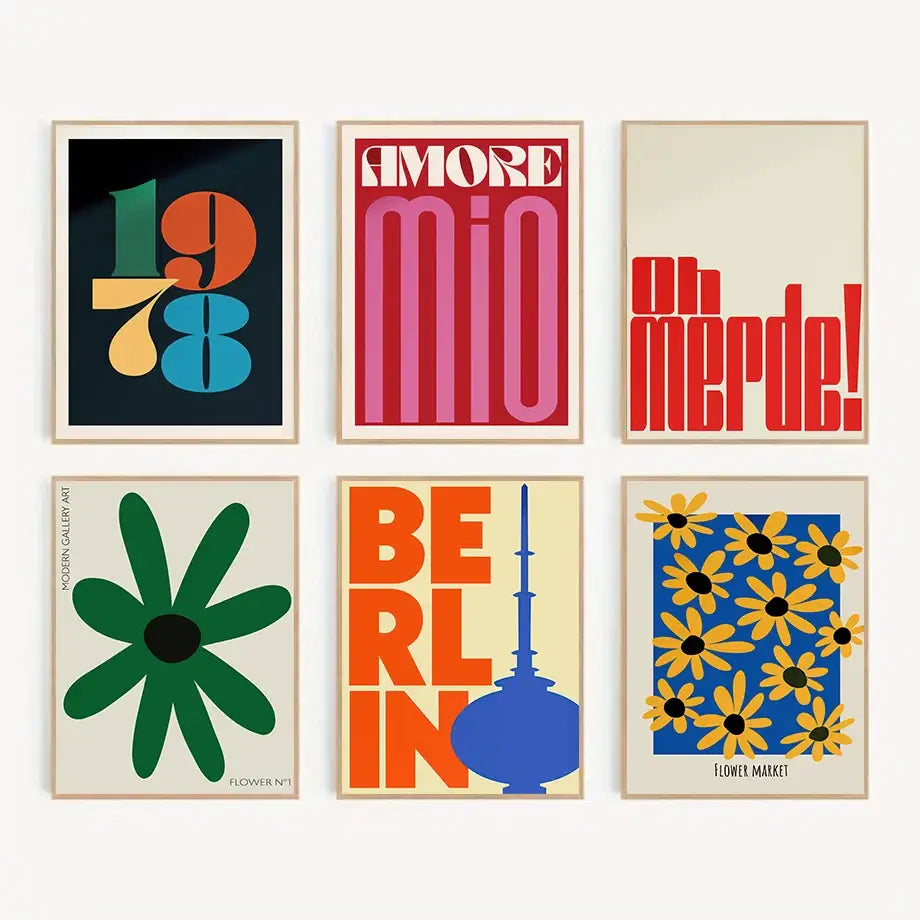 Modern vibrant floral typography wall art set of 6 living room prints