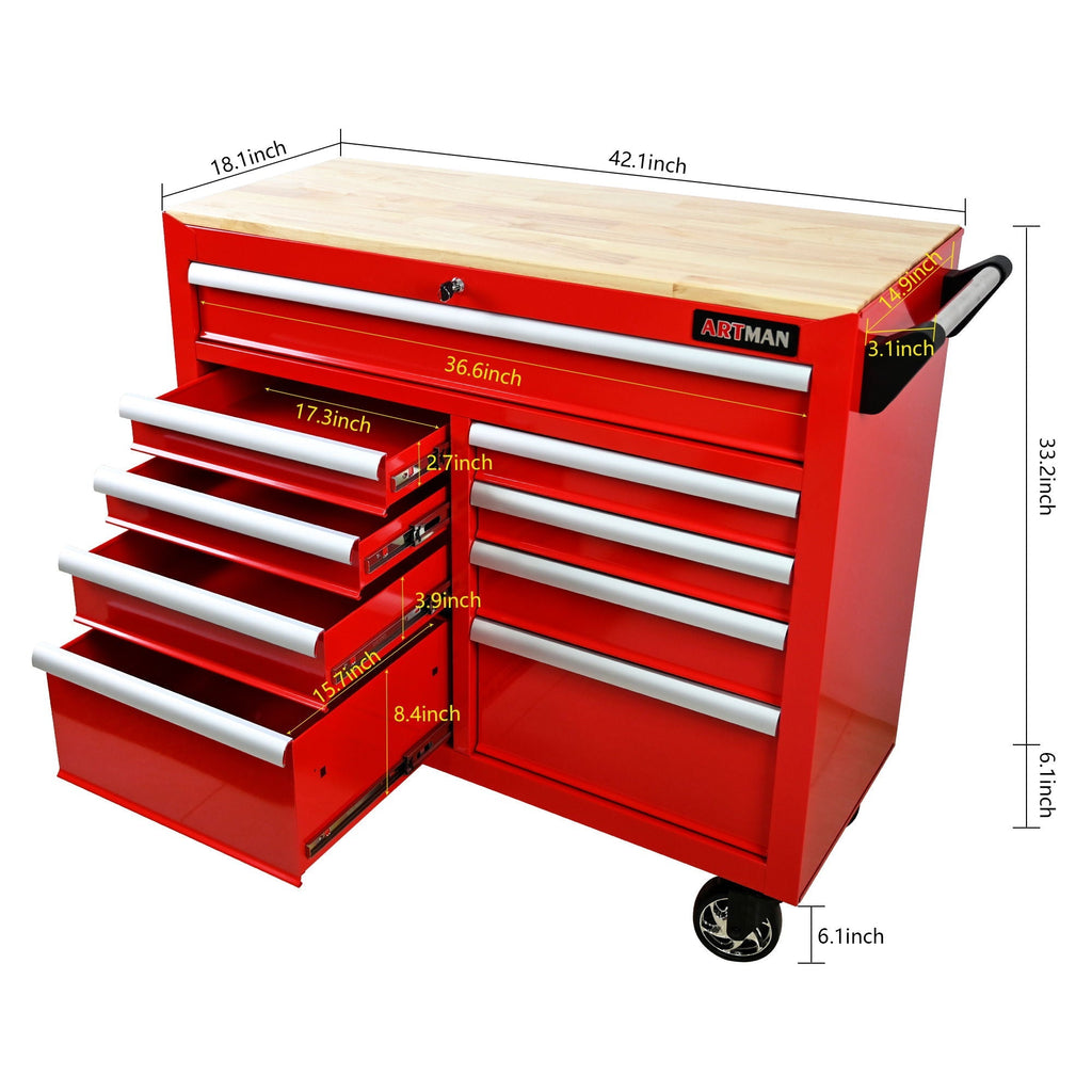 9 Drawer Multifunctional Steel Tool Cart With Wheels And Wooden Top