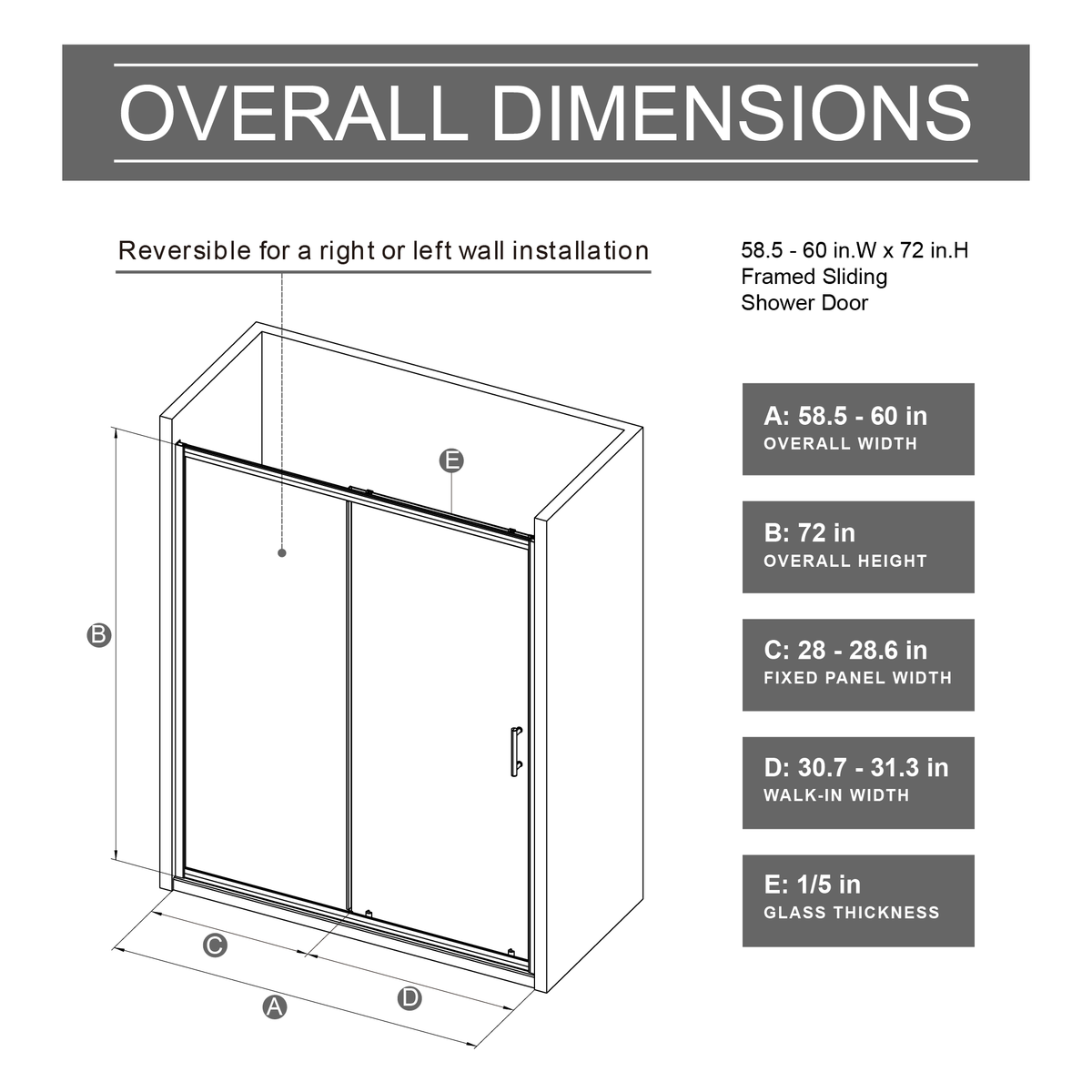 60-in W x 72-in H Single Sliding Shower Door