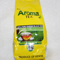 Aroma Tea 250g yellow and green pack angled view showing front label and side panel